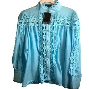 🛍️2/$25 NWT Prairie Blouse Eyelet Design Mock Neck Hollow Embroidery Light Blue